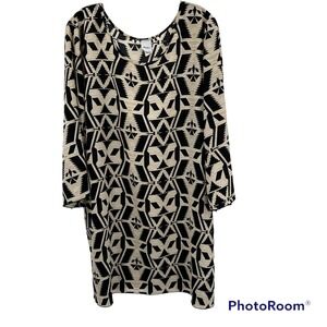 Ahto Black White Geometric Print Long Sleeve Tunic Dress Women 2X Office Church